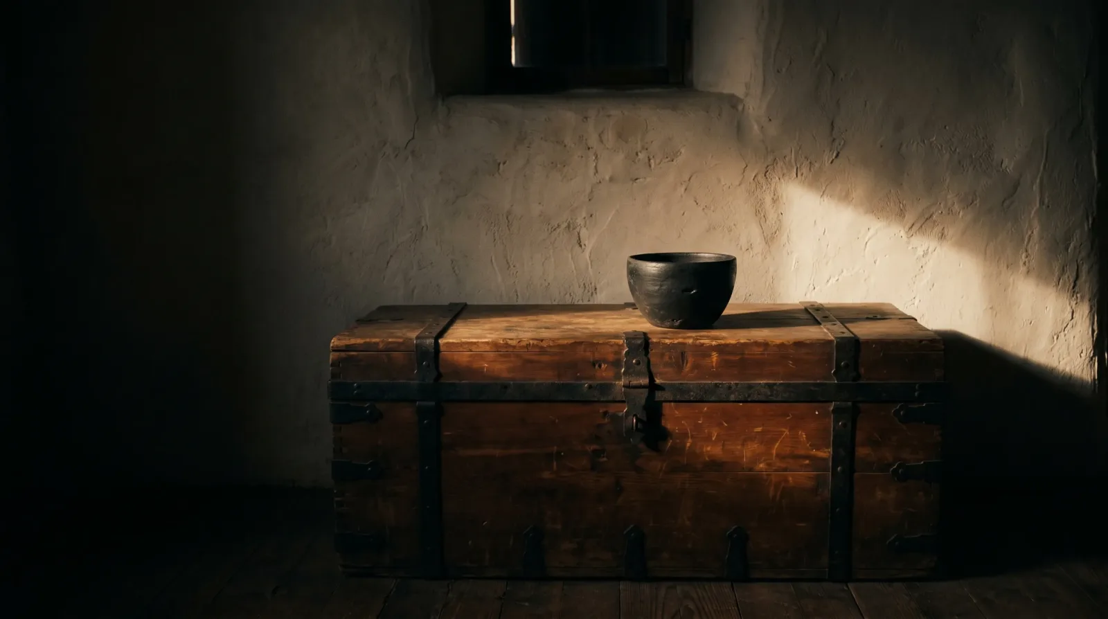 A wooden chest with iron fittings beneath a window in a whitewashed room